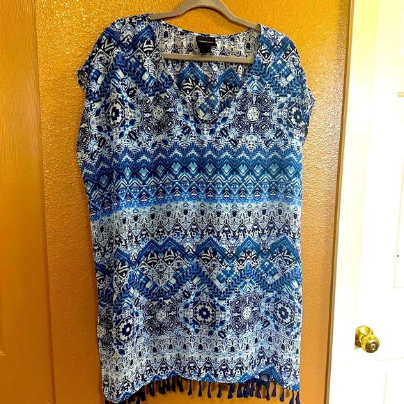 Cover2Cover Women’s Tassle Trim Poncho Patterned Sheer Swim Knee Length Cover-up - Picture 3 of 9